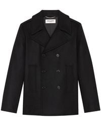 Saint Laurent Double-breasted Pea Coat In Woo - Black