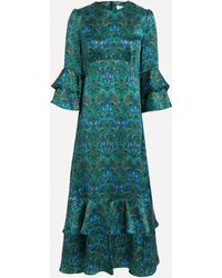 Liberty - Women's Peacock Manor Silk Satin Gala Dress - Green/m Peacock Print Ankle Length Dress Pagoda Sleeves - Lyst