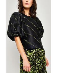 Ganni Floral Silk-linen Oversized Top - Black