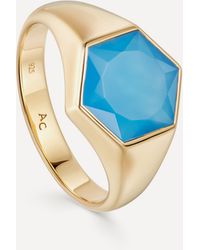 Astley Clarke 18ct Gold Plated Vermeil Silver Deco Blue Agate Signet Ring - Metallic