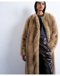 TOPSHOP - Stripe Faux Fur Collarless Mid-Length Coat - Lyst
