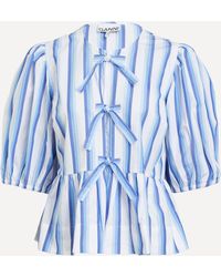 Ganni - Women's Striped Cotton Poplin Peplum Tie Blouse 6 - Lyst