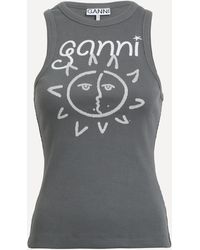 Ganni - Women's Grey Graphic Rib Sun Tank Top - Lyst