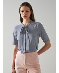 LK Bennett - Cali Blue Fine Stripe Cotton-modal Bow Detail T-shirt - Lyst