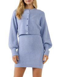 Endless Rose Knitted Puff Sleeve Cardigan Sweater - Blue
