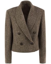 Brunello Cucinelli - Double-Breasted Herringbone Blazer With Subtle Shimmer - Lyst