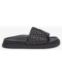 Fendi - Diagonal Ff Jacquard And Leather Slides - Lyst