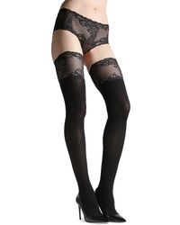 Natori Lace Feather Opaque Thigh-high Stockings - Black