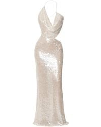 Amazuìn - Iselin Cream-Colored Stretch Sequined Tulle Long Asymmetric Dress With Cut-Out Details - Lyst