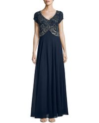 J Kara Petite Beaded Short-sleeve Gown - Blue