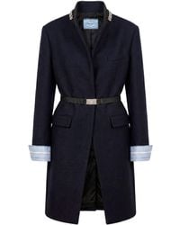 Prada - Long Wool Coat With Belt And Jewel Collar - Lyst