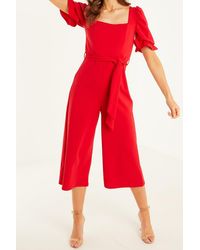 Quiz Scuba Square Neck Puff Sleeve Culottes Jumpsuit - Red