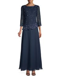 J Kara Petite Embellished Asymmetrical Gown - Blue