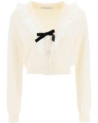 Alessandra Rich Short Cardigan With Lace Ruffle - Natural