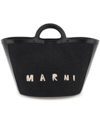 Marni Tropicalia Leather And Raffia Tote Bag - Black