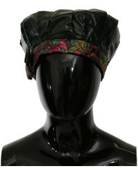 Dolce & Gabbana Lamb Leather Floral Print Beret Hat - Black
