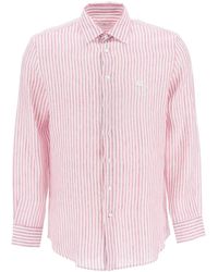 Etro Striped Linen Shirt With Cube Logo - Pink
