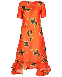 White Flame Dress With Rouches - Orange