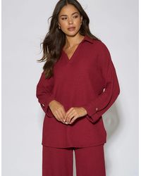 Gini London - Mulberry Textured V Neck Roll Up Sleeves Top - Lyst