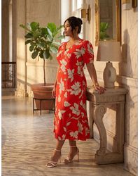 Live Unlimited London - Floral V-Neck Puff Sleeve Midi Dress - Lyst
