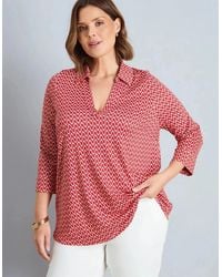 Live Unlimited London - Petite Geo Print 3/4 Sleeve Collared V-Neck Jersey Top - Lyst