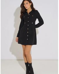 Gini London - Long Sleeve Button Detail Cord Mini Dress - Lyst