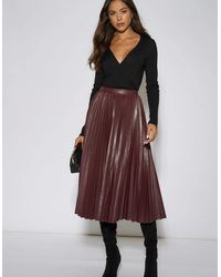 Gini London - Burgundy Pleated Faux Leather Midi Skirt - Lyst