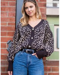 Gini London - Chocolate Animal Print Wool Mix Cardigan Look Jumper - Lyst