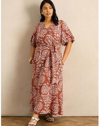 Live Unlimited London - Terracotta Print Linen Blend Puff Sleeve Wrap Dress - Lyst