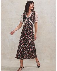 Ro&zo - Contrast Rose-Print Puff-Sleeve Midi Dress - Lyst