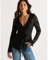 Gini London - Jersey Lace Ruffle Tie Front Blouse - Lyst