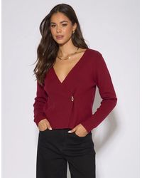 Gini London - Burgundy Button Wrap Compact Knit Cardigan - Lyst