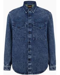 BOSS - Solid Patterned Denim Jacket With Chest Pocket - Lyst