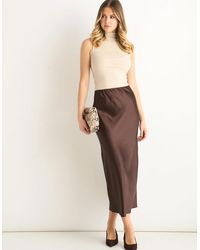 Gini London - Chocolate Elastic Waist Satin Bias Cut Midi Skirt - Lyst