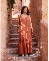 Live Unlimited London - Terracotta Linen Blend Broderie Maxi Dress - Lyst