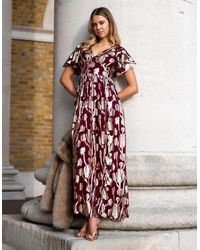 Gini London - Burgundy Metallic Jacquard Flutter Sleeves Floral Maxi Dress - Lyst