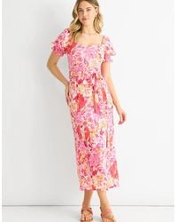 Gini London - Floral Puff Sleeves Belted Midi Dress - Lyst