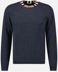 Burberry - 'Noland' Knitted Wool/ Cashmere Jumper Check Neck Charcoal - Lyst
