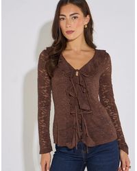 Gini London - Jersey Lace Ruffle Tie Front Blouse - Lyst