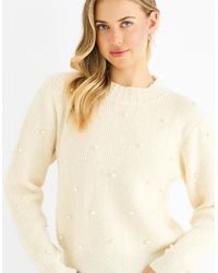 Gini London - Cream Pearl Studded High Neck Knit Jumper - Lyst