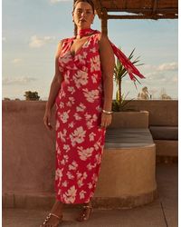 Live Unlimited London - Coral Floral Print Sleeveless Midi Dress With Neck Scarf - Lyst