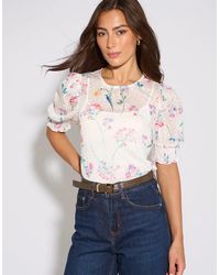Gini London - Off Floral Dobby Chiffon Shirred Cuff Blouse - Lyst