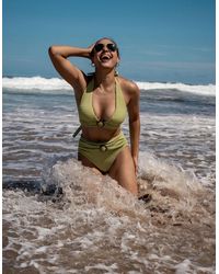 Gini London - Sage Textured Halter Bikini Top With Ring Detail - Lyst