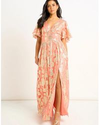 Gini London - Metallic Jacquard Flutter Sleeves Floral Maxi Dress - Lyst