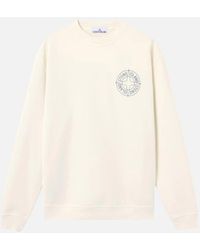 Stone Island - Cotton Fleece Compass Logo Print Ivory Sweatshirt - Lyst