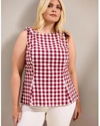Live Unlimited London - Berry Gingham Peplum Cotton-Linen Blend Bow Tie Top - Lyst