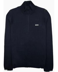 BOSS - Cotton-Blend Zip-Neck Sweater With Logo Print 402 - Lyst