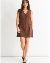 Gini London - Chocolate Linen Button Through Mini Shirt Dress - Lyst