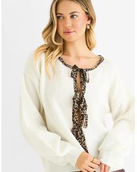 Gini London - Cream Contrast Animal Tie Oversized Knit Cardigan - Lyst