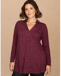 Live Unlimited London - Burgundy Animal Print Jersey Polo Collar Tunic - Lyst